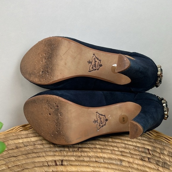 Miss Albright Suede Heels Pumps Navy Rhinestone Leather 6 Minnie Anthro Jewel - Picture 8 of 8
